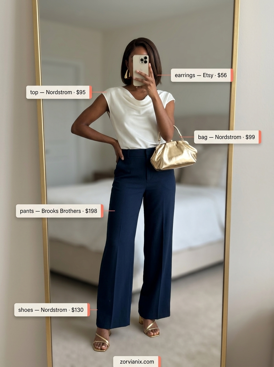 Sunset Rooftop Bandeau Outfit: Cream satin bandeau, navy wide-leg trousers, gold accessories for evening.