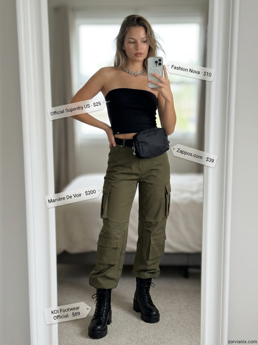 Urban Explorer Bandeau Outfit: Black bandeau top, olive cargo pants, combat boots for city adventures.