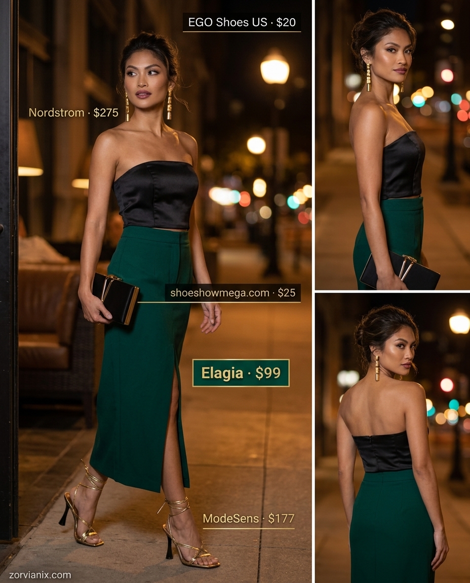 Elegant black bandeau top with emerald green skirt for evening out 2026. Chic modern style.