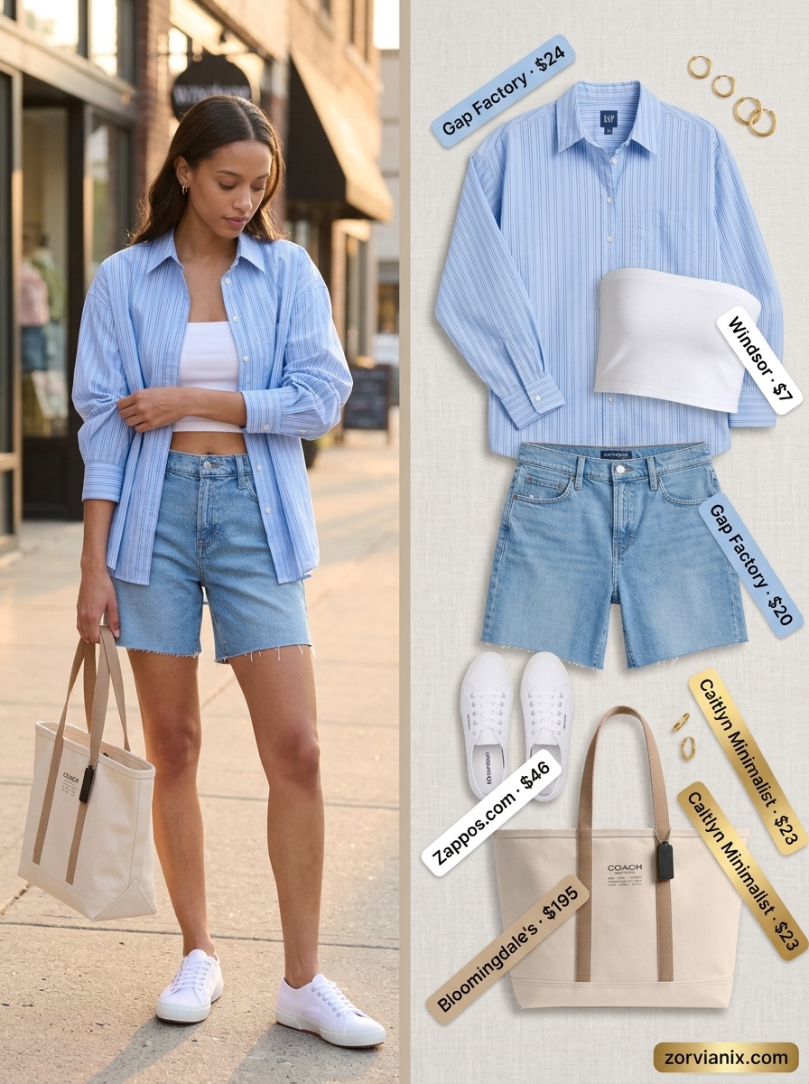 Casual white bandeau top with denim shorts and oversized shirt for everyday wear 2026. Relaxed style.