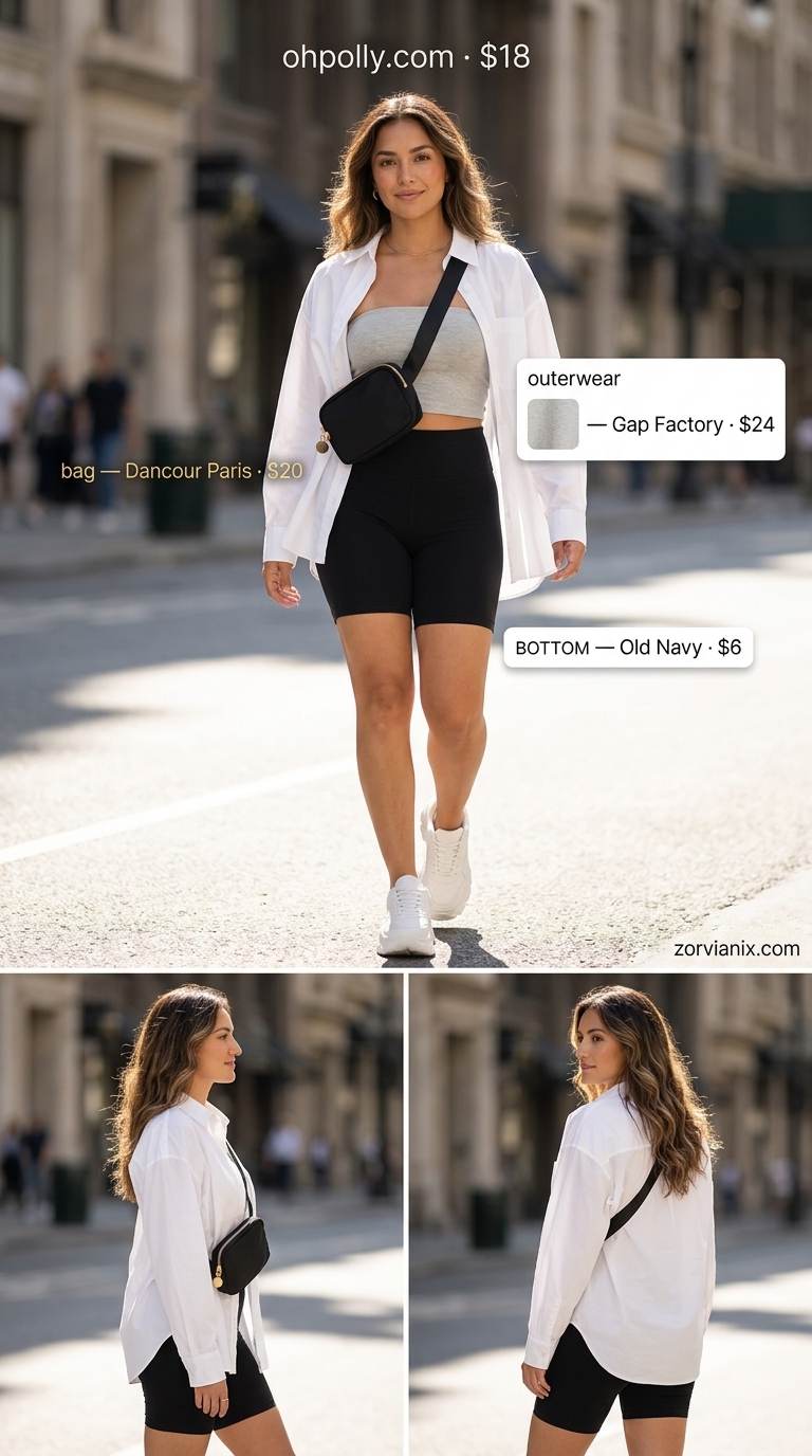 Trendy grey bandeau top with biker shorts and oversized shirt for athleisure cool 2026. Sporty style.