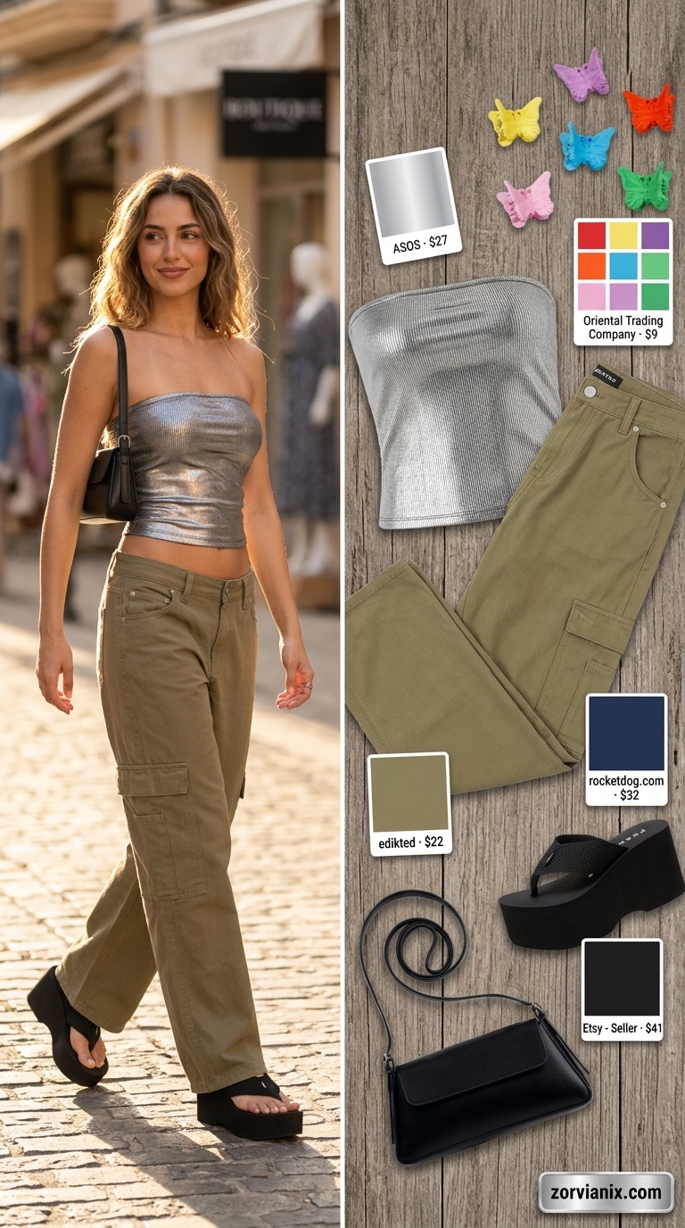 Edgy silver metallic bandeau top with khaki cargo pants for a Y2K concert look 2026. Bold style.