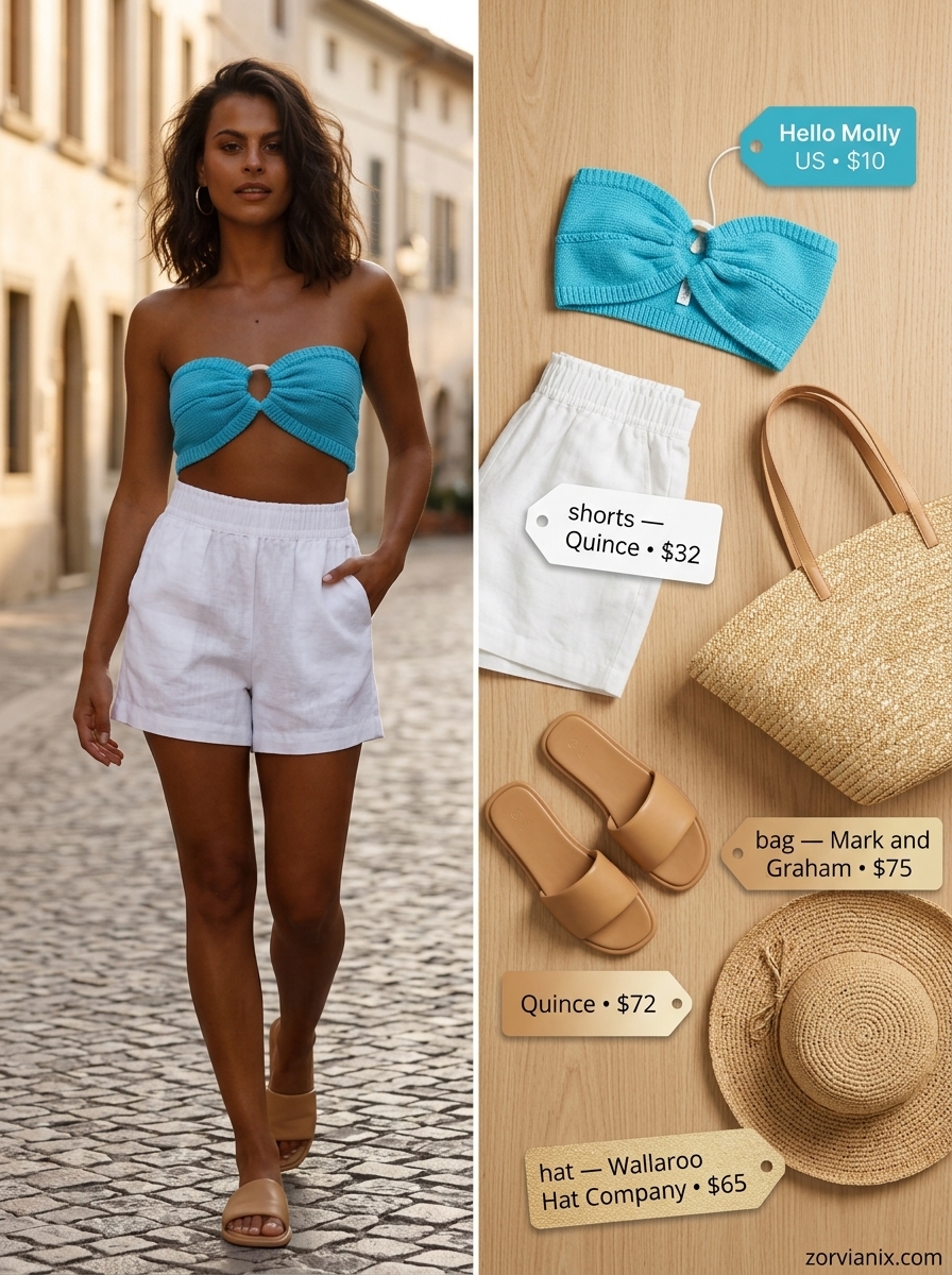 Refreshing turquoise bandeau top with linen shorts for vacation 2026. Sunny relaxed style.
