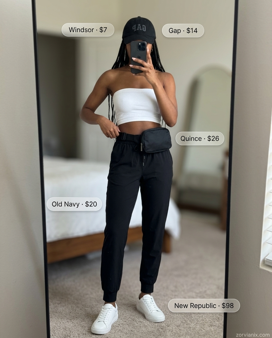 Sporty white bandeau top with grey joggers for athleisure chic errands 2026. Comfortable style.