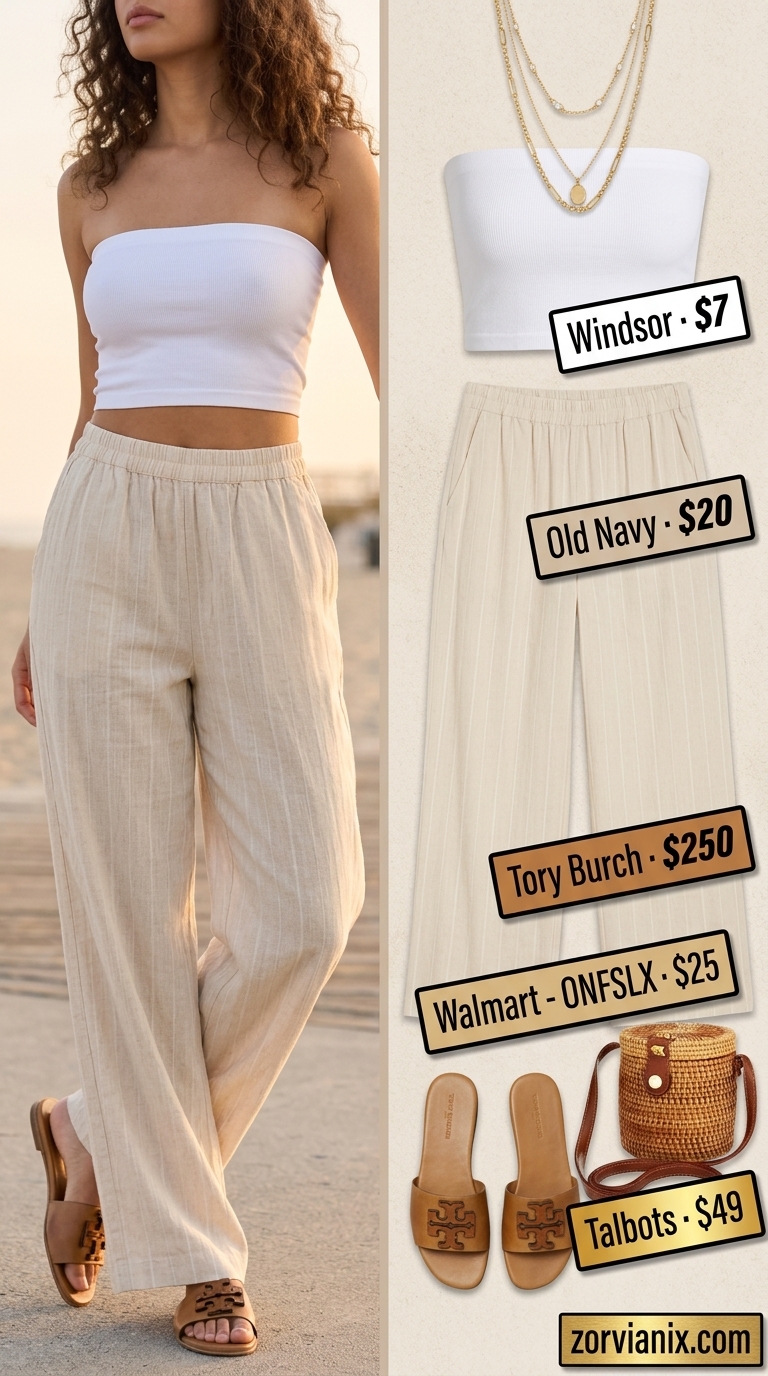 Effortless white ribbed bandeau top with beige linen pants for a sunset cruise 2026. Chic summer style.