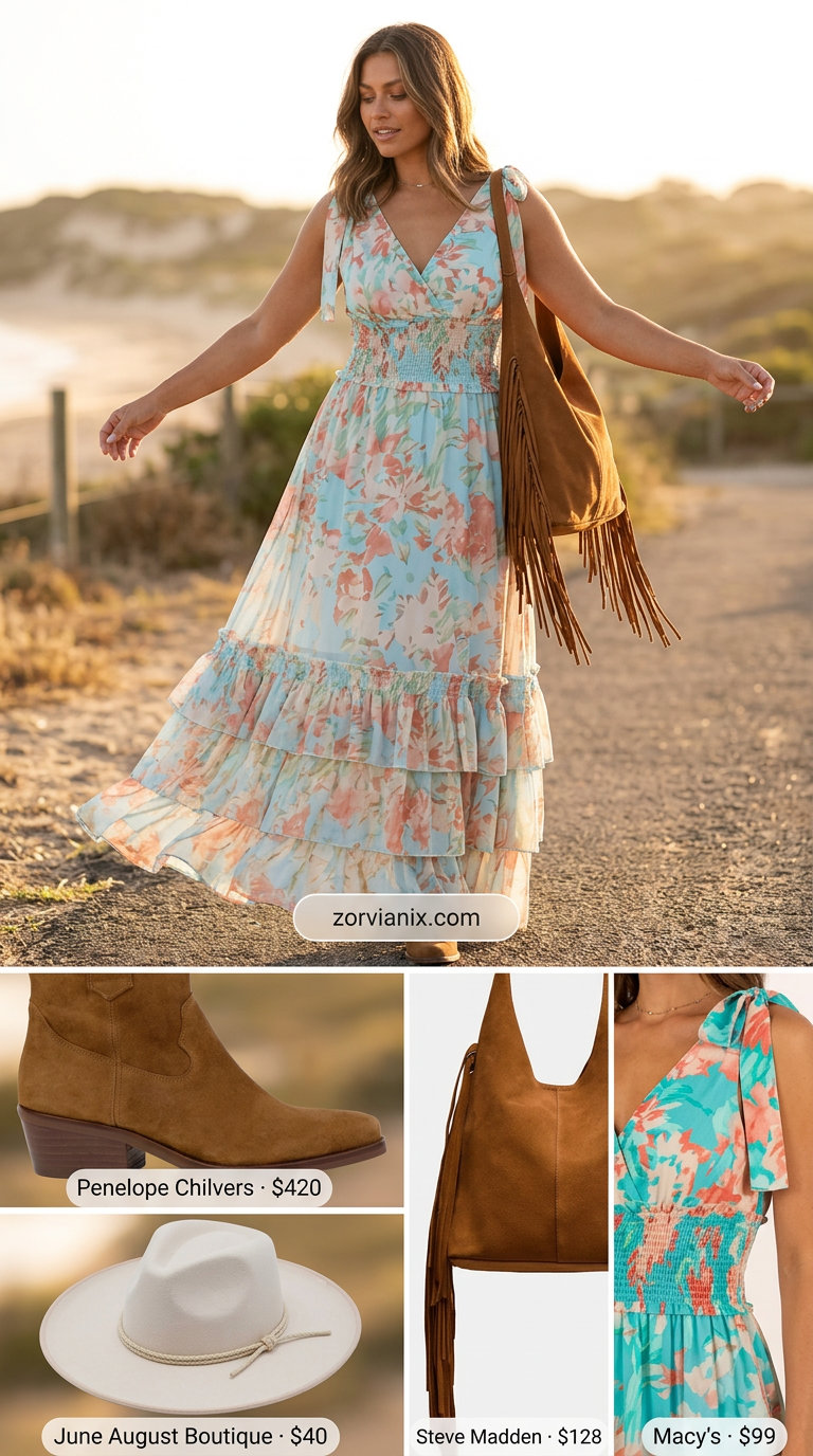 Boho maxi dress outfit for women 2026: Teal, coral, cream floral dress, tan boots, cream hat, fringe bag for a casual day out.