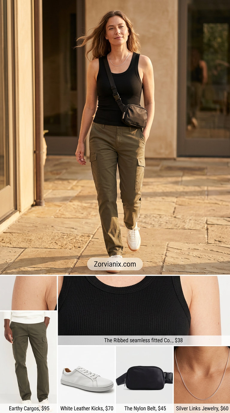 Khaki cargo pants with black tank, white sneakers, belt bag, and silver necklace for a summer basic outfit for women 2026.