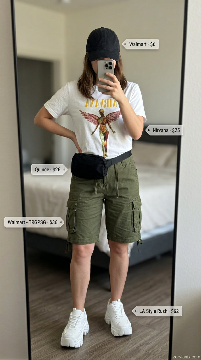 Urban explorer cargo shorts outfit for women 2026: Olive green shorts, graphic tee, sneakers, baseball cap, and belt bag for city exploration.