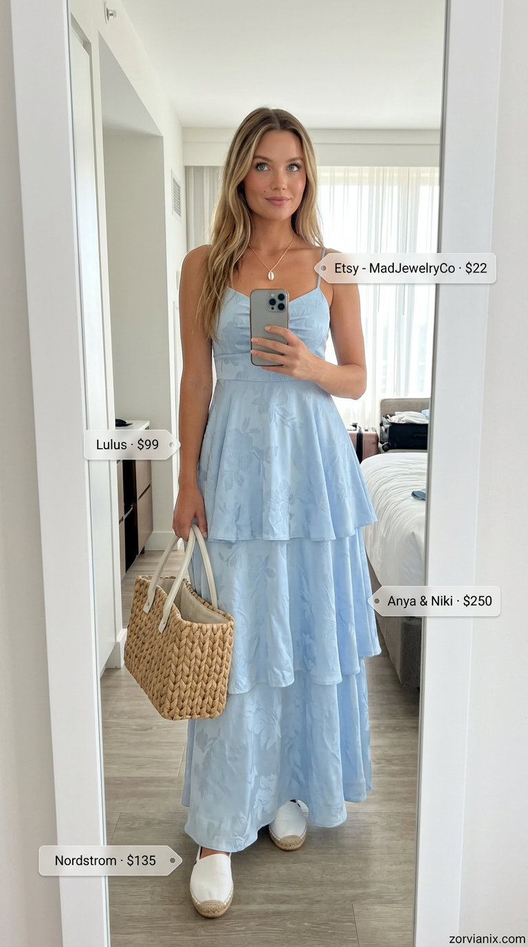 Coastal breeze maxi dress outfit for women 2026: Sky blue dress, straw tote, shell necklace, espadrilles for a beach day.