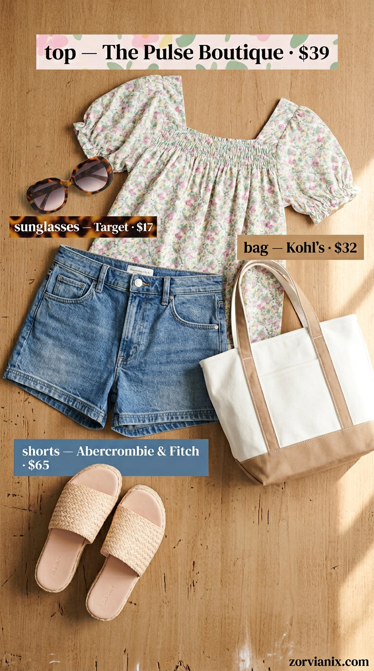 Summer basic outfit for women 2026: Denim shorts, floral peasant blouse, espadrilles for weekend.