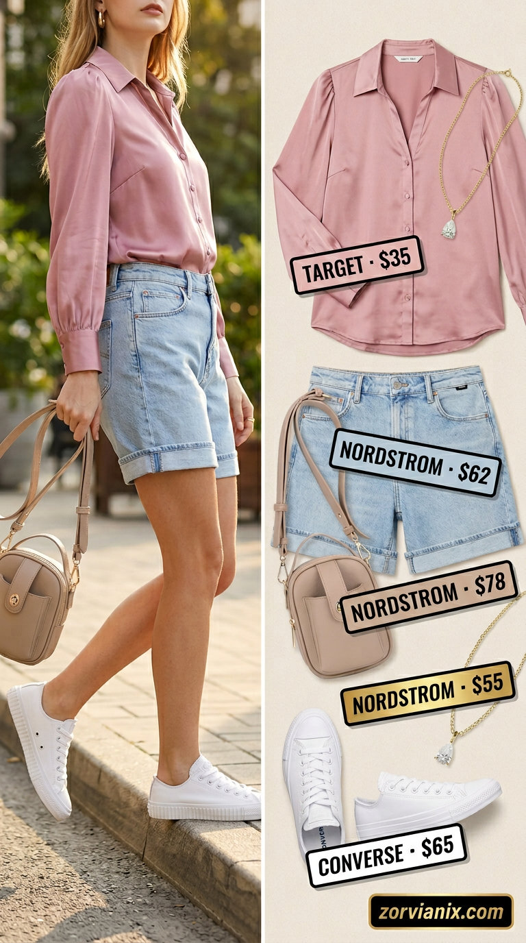 Summer basic outfit for women 2026: Denim shorts, puff sleeve blouse, white sneakers for lunch.