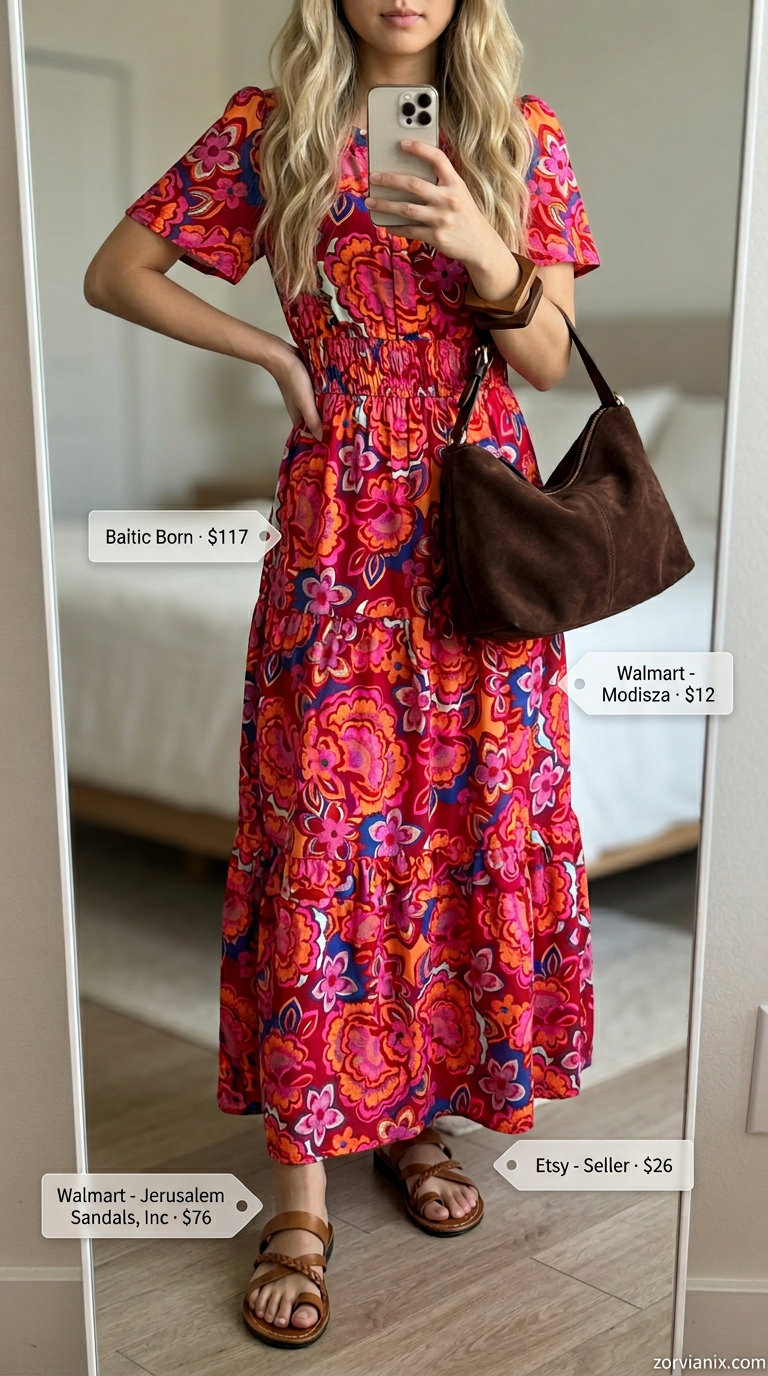 Summer basic outfit for women 2026: Floral maxi dress, suede bag, wooden bangles for festival.