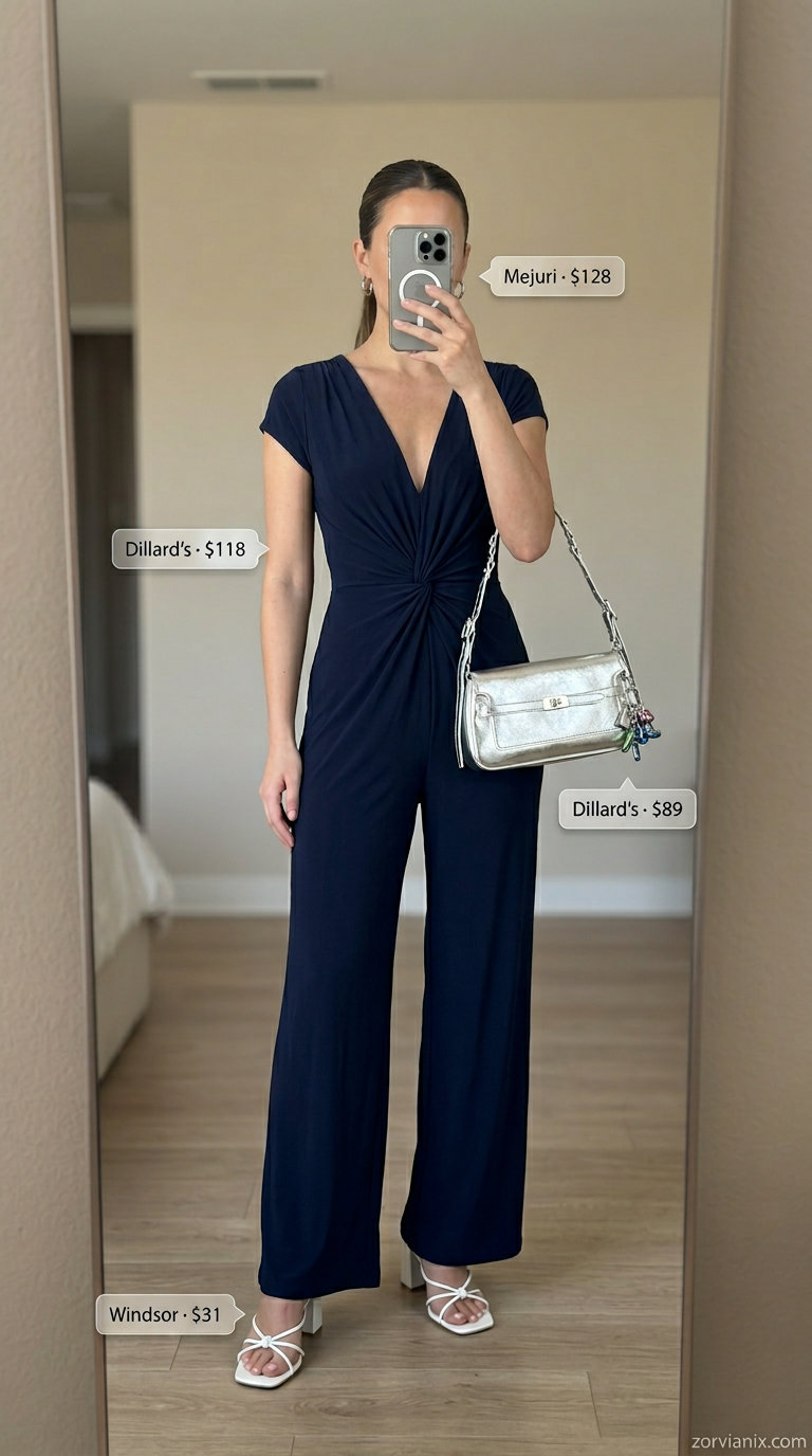 Navy wide-leg jumpsuit with white mules and silver bag for a summer basic outfit for women 2026 evening look.