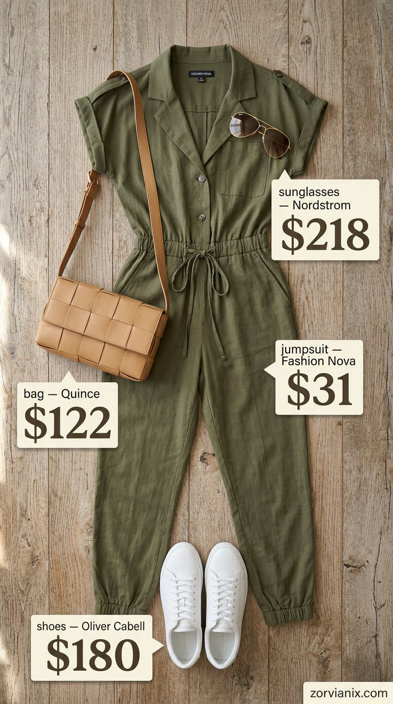 Olive green utility jumpsuit with white sneakers and tan crossbody for a summer basic outfit for women 2026.