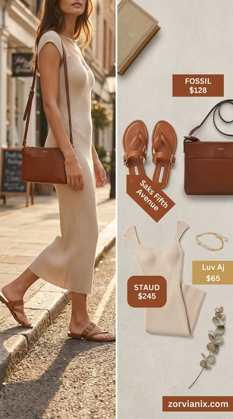 Oatmeal knit midi dress with brown sandals and crossbody bag for a summer basic outfit for women 2026.