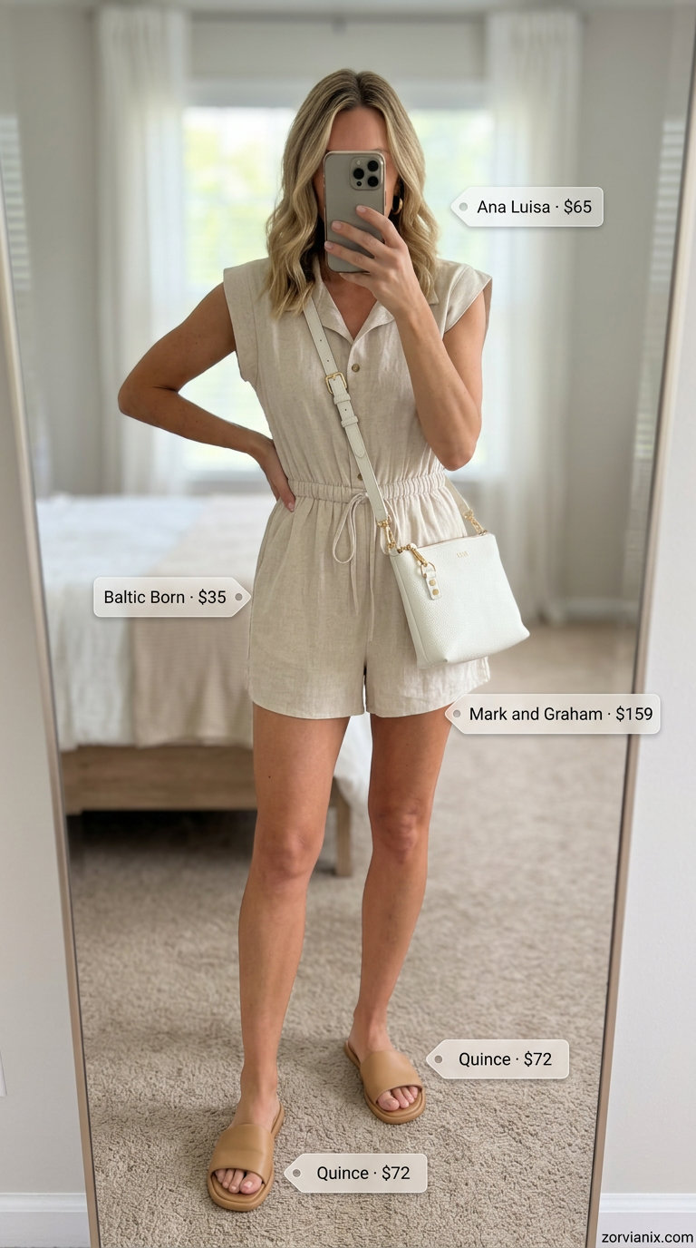 Chic linen romper outfit for women 2026: Beige romper, tan sandals, gold hoops, leather crossbody bag for daytime adventure.