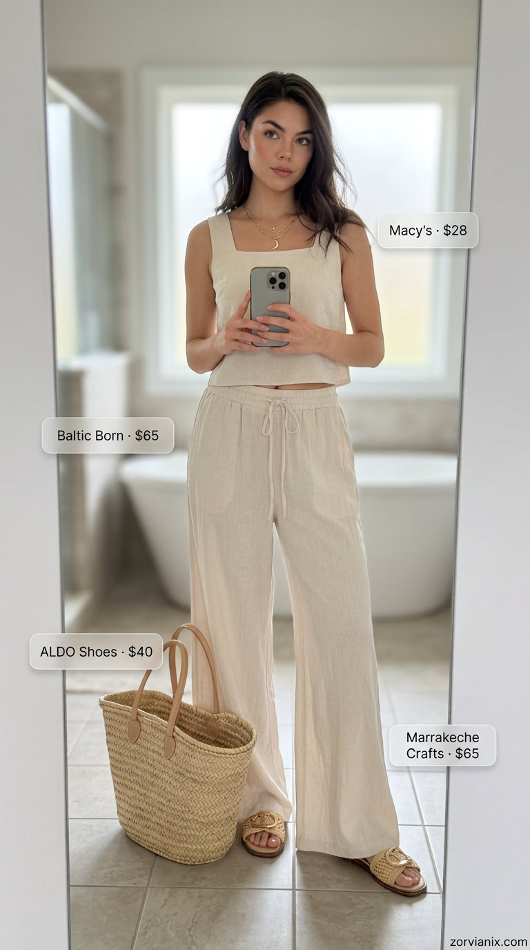 Cream linen set with beige slides, straw tote, and gold necklace for a summer basic outfit for women 2026 beach look.