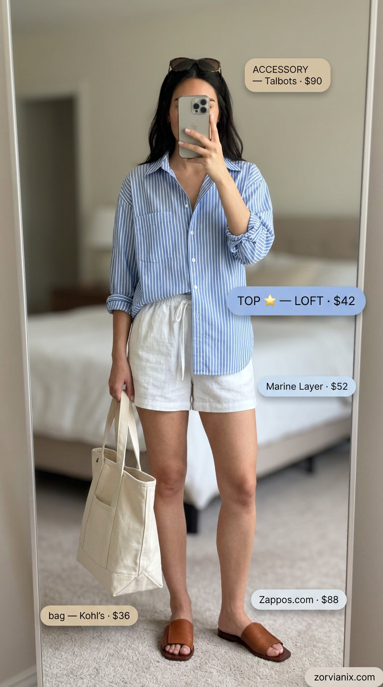 Summer basic outfit for women 2026: Linen shorts, oversized blue shirt, tan slides for beach.