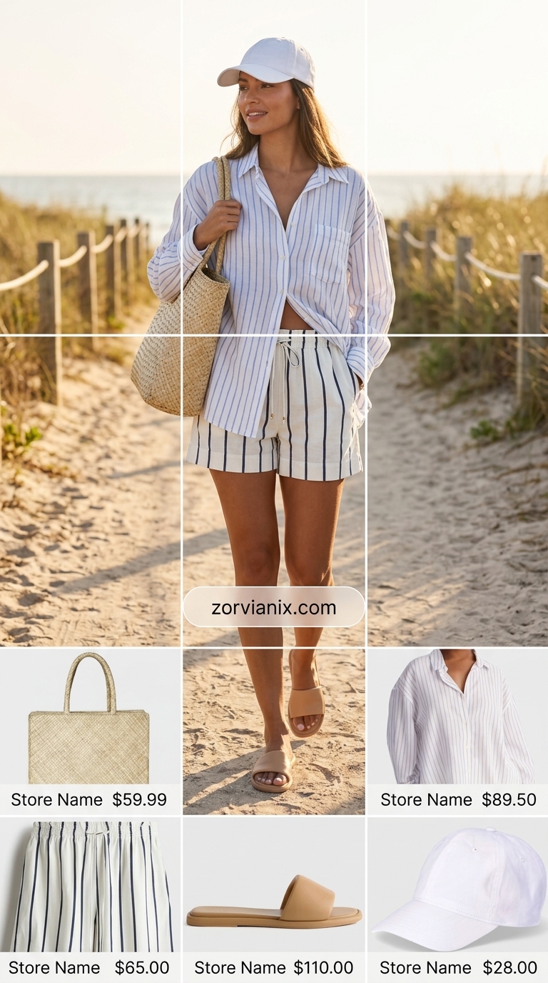 Casual linen shorts set outfit for women 2026: White & blue striped linen shirt and shorts, straw tote, sandals, baseball cap.