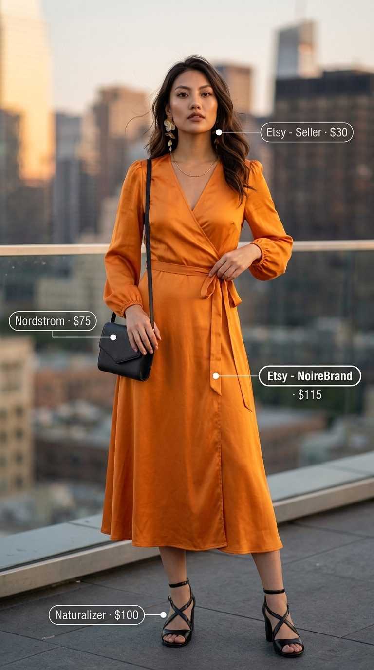 Sunset mango orange midi dress outfit for women 2026: Satin wrap dress, black heels, clutch, gold earrings for date night.