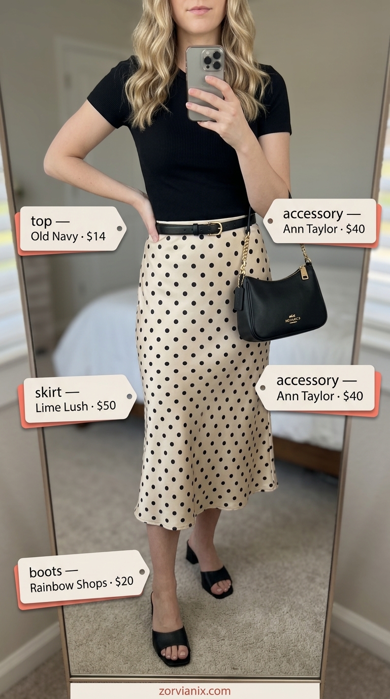 Chic midi skirt outfit for women 2026: Champagne satin skirt, black t-shirt, belt, sandals, and shoulder bag for a lunch meeting.
