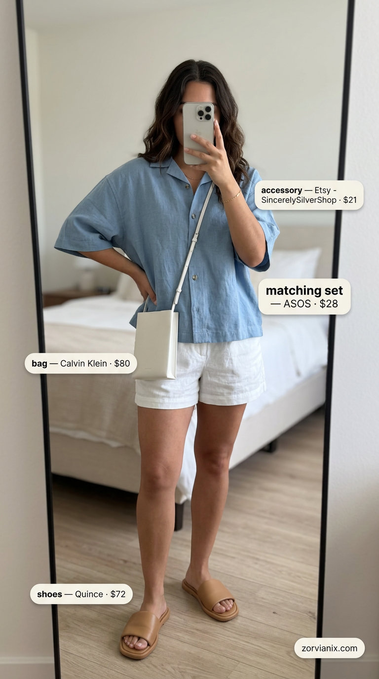 Minimalist linen set outfit for women 2026: Light blue shirt and shorts, leather sandals, crossbody bag, gold bracelet.