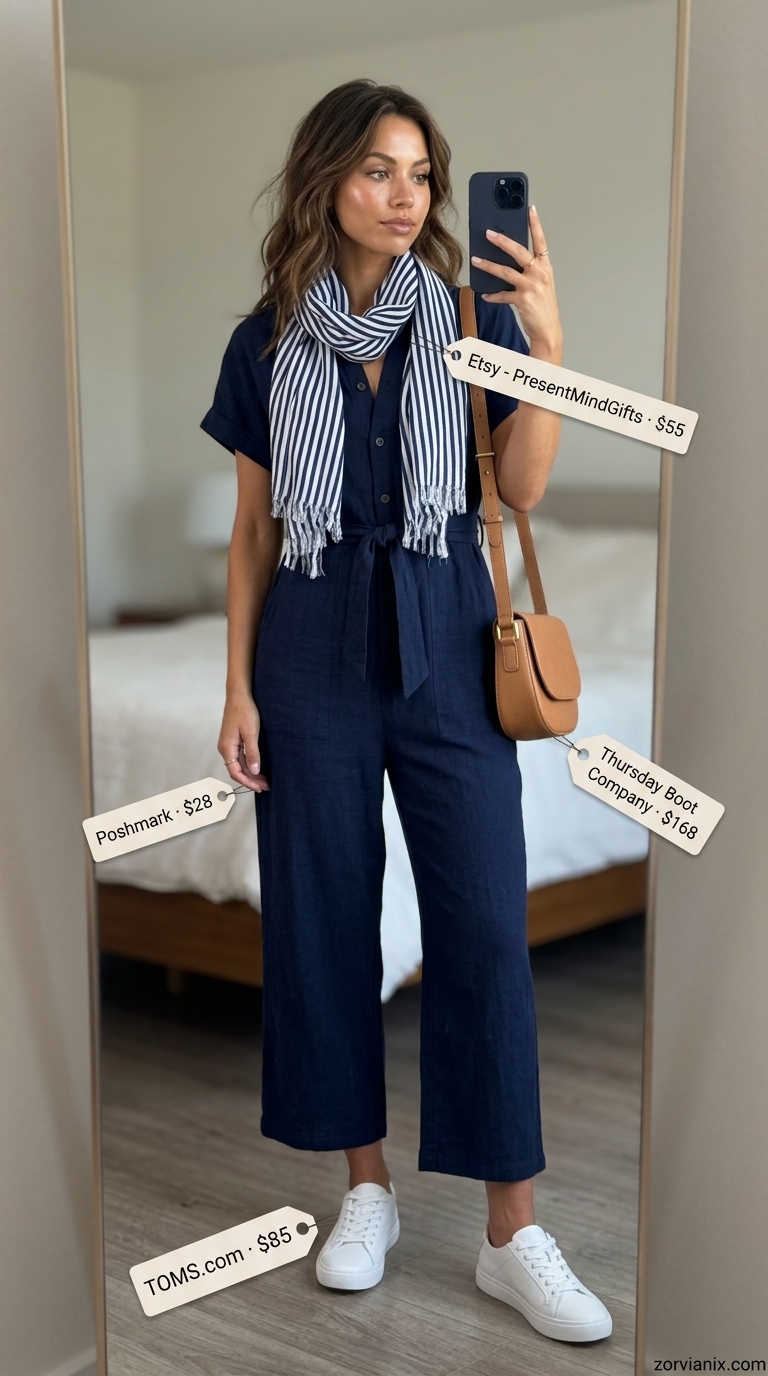 Summer basic outfit for women 2026: Navy romper, tan crossbody bag, white sneakers for city.
