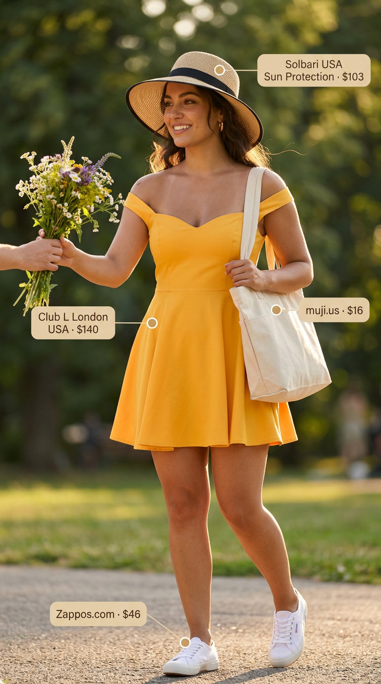 Yellow sundress with white sneakers, straw hat, and tote bag for a summer basic outfit for women 2026 picnic look.