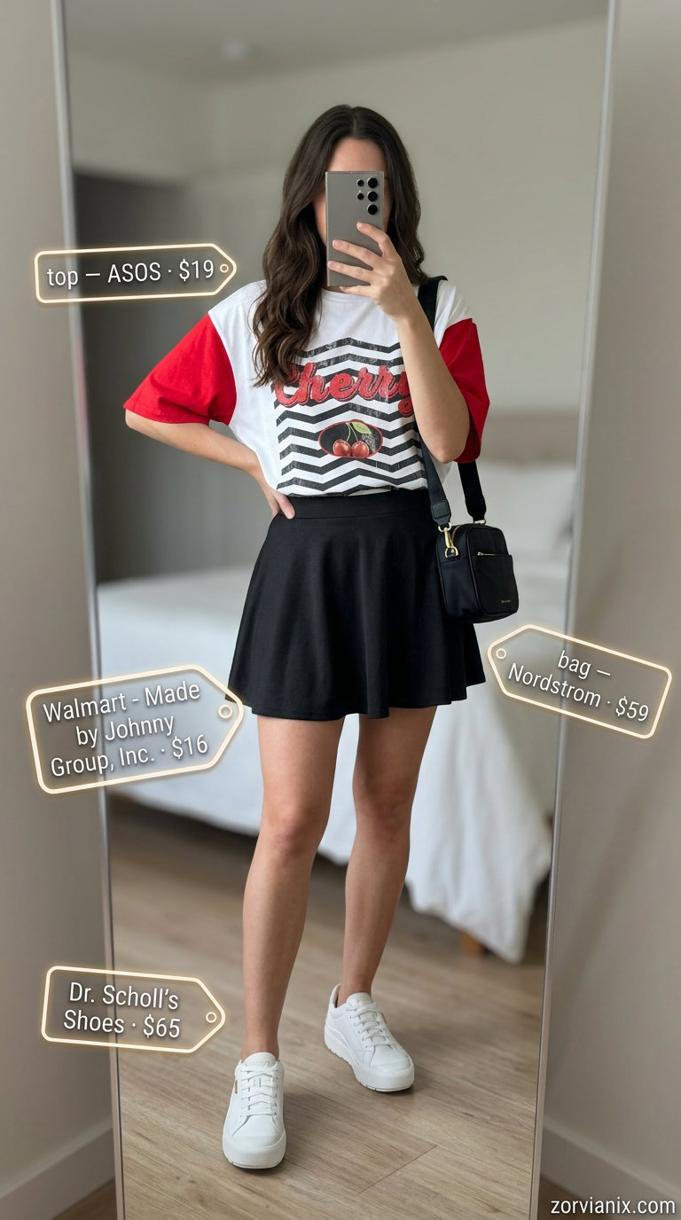 Summer basic outfit for women 2026: Black mini skirt, graphic tee, sneakers for casual day.