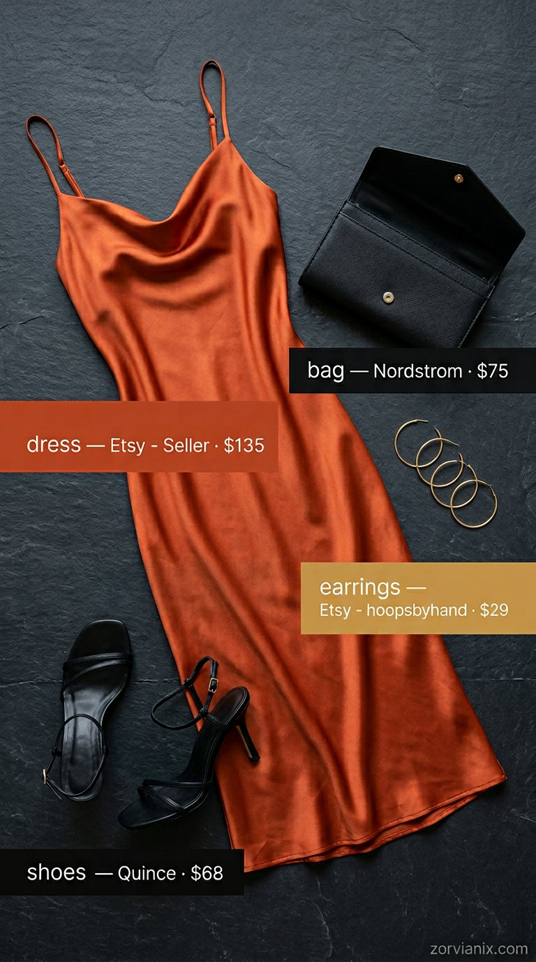 Coral slip dress with black heeled sandals and clutch for a summer basic outfit for women 2026 date night look.