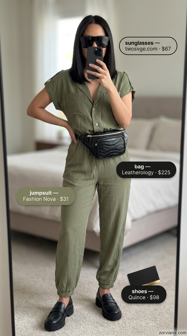 Utility jumpsuit outfit for women 2026: Olive green jumpsuit, black loafers, belt bag, sunglasses for a chic daytime look.