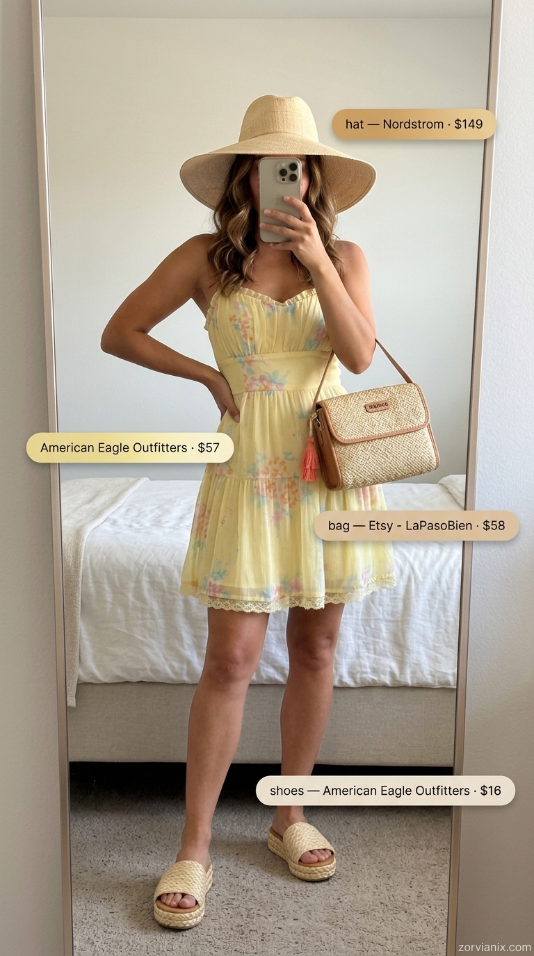 Summer basic outfit for women 2026: Yellow tiered sundress, straw bag, wide-brim hat for picnic.