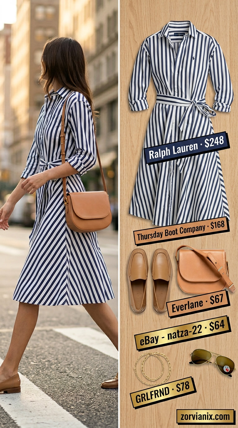 Navy stripe shirt dress with tan loafers & crossbody bag for city exploration. Summer Belted dress for women 2026.