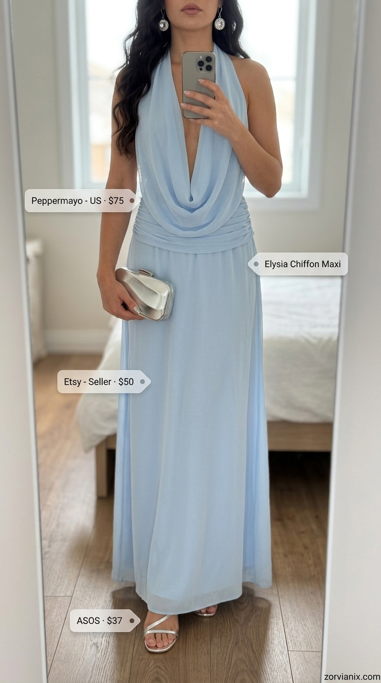 Elegant summer belted dress for women 2026 in sky blue chiffon maxi, perfect for cruise formal nights with silver heels and clutch.