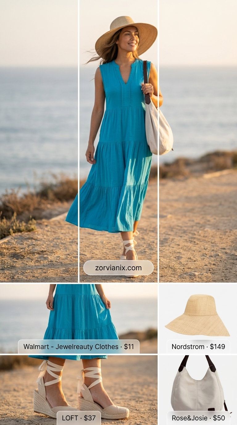Sky blue tiered maxi dress with espadrilles & straw hat for coastal vibes. Summer Belted dress for women 2026.