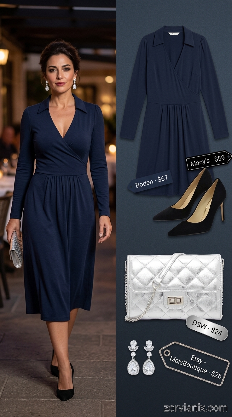 Navy blue midi wrap dress with silver accessories for an evening out. Summer Belted dress for women 2026.