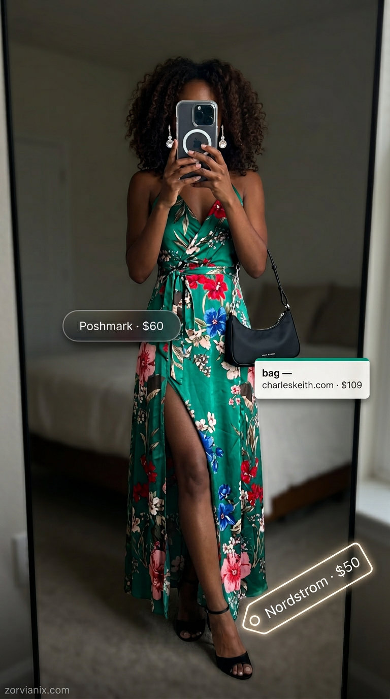 Jewel-toned floral maxi dress with black sandals & clutch for a summer event. Summer Belted dress for women 2026.