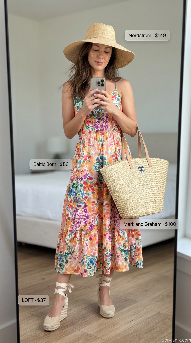 Coral floral midi sundress with espadrilles & straw tote for vacation. Summer Belted dress for women 2026.