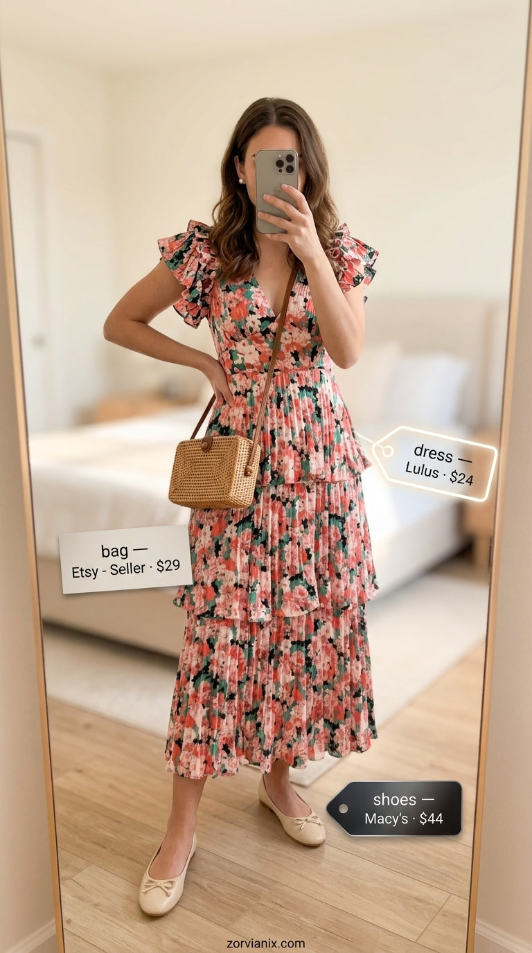 Romantic summer belted dress for women 2026 in pastel floral print, perfect for garden parties with wicker bag and ballet flats.