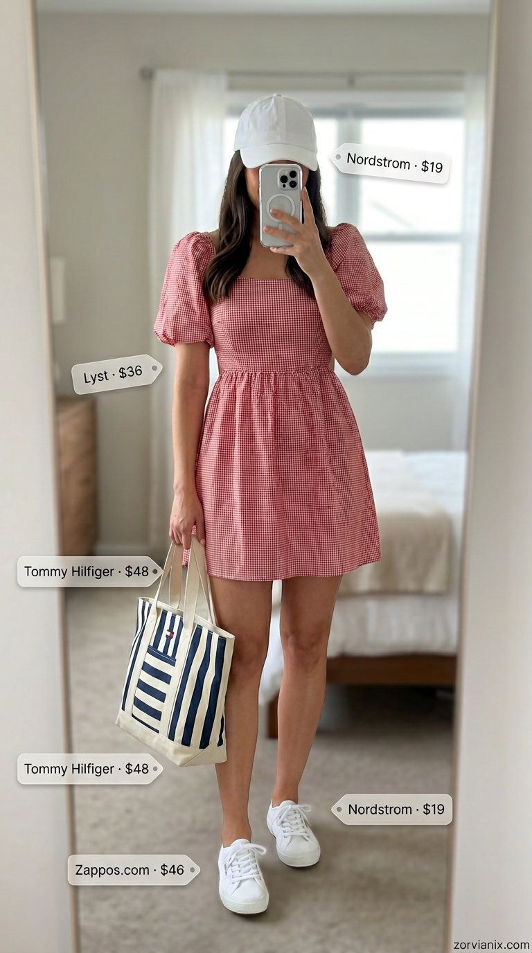 Red gingham mini dress with white cap & sneakers for a picnic. Summer Belted dress for women 2026.