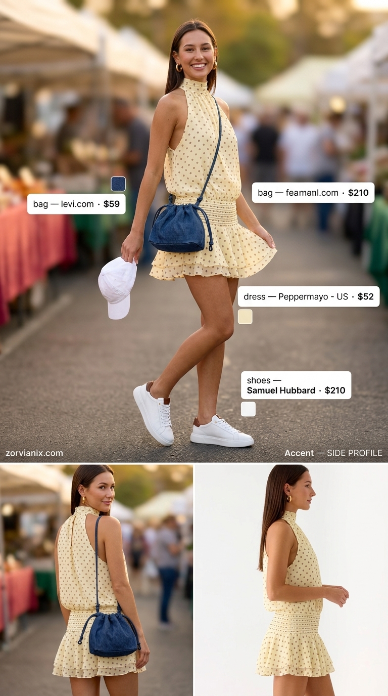 Yellow polka dot mini sundress with denim bag & sneakers for a casual outing. Summer Belted dress for women 2026.