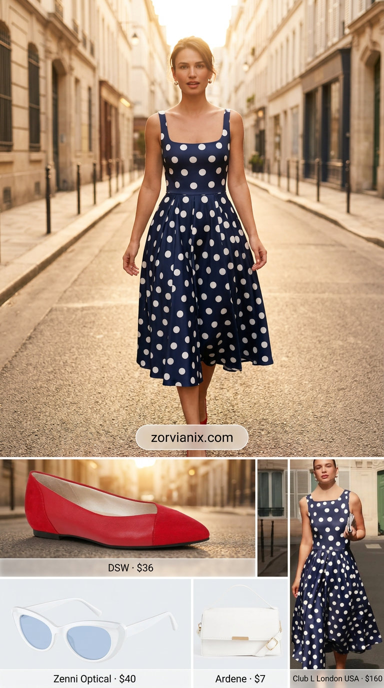 Playful summer belted dress for women 2026 in navy polka dot, styled with red flats and cat-eye sunglasses for a retro brunch.