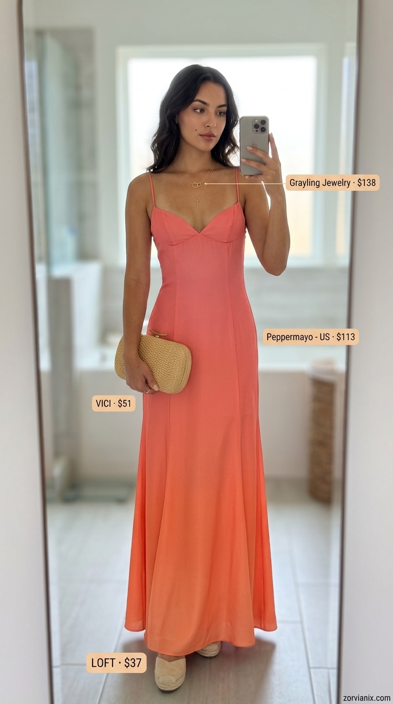 Effortless summer belted dress for women 2026 in ombre pink to orange, ideal for beachside dinners with espadrilles and straw clutch.
