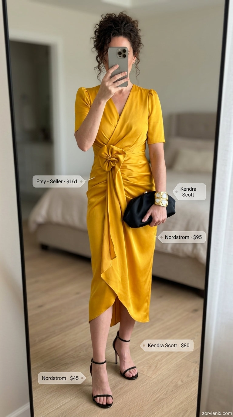 Golden yellow midi wrap dress with black heels & clutch for a summer party. Summer Belted dress for women 2026.