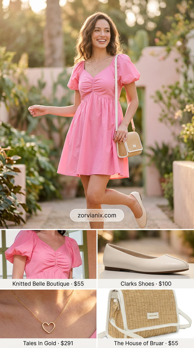 Sweet summer belted dress for women 2026 in blush pink mini sundress, ideal for daytime dates with straw bag and ballet flats.