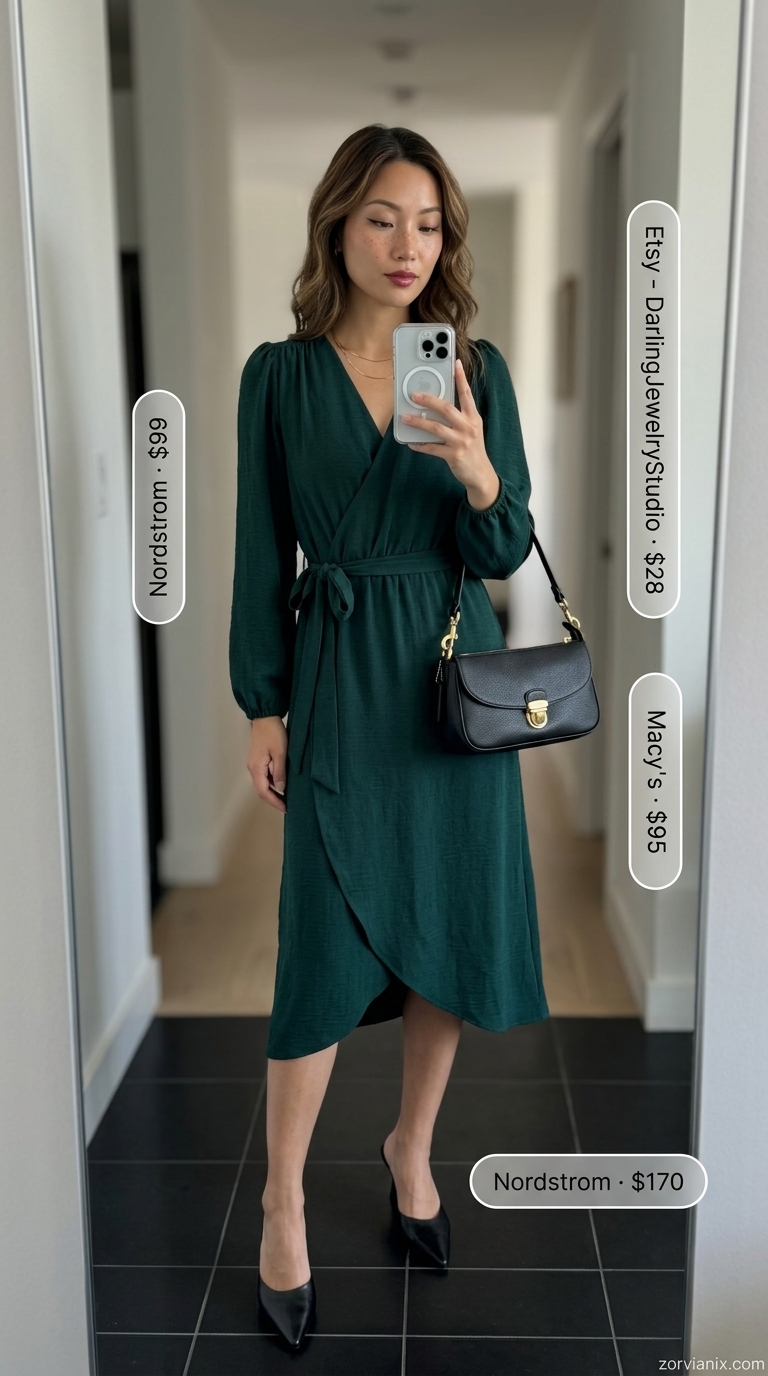 Sophisticated summer belted dress for women 2026 in forest green satin, styled with black mules and shoulder bag for city chic.
