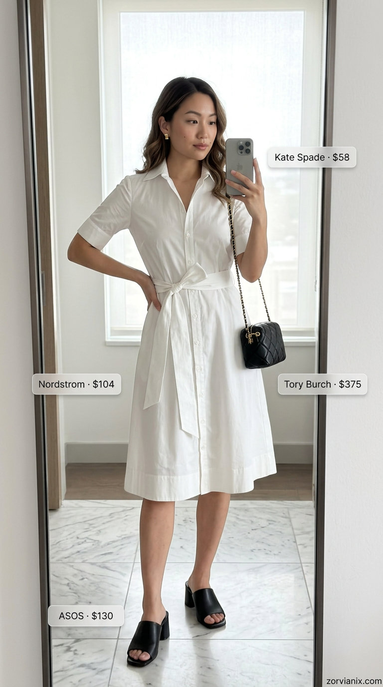 White belted shirtdress with black mules & gold earrings for urban chic. Summer Belted dress for women 2026.