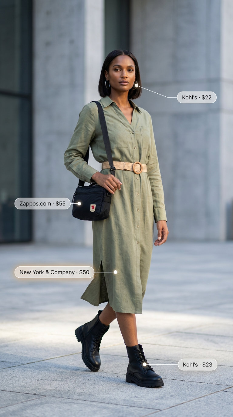Olive green utility dress with combat boots & crossbody bag for city exploration. Summer Belted dress for women 2026.