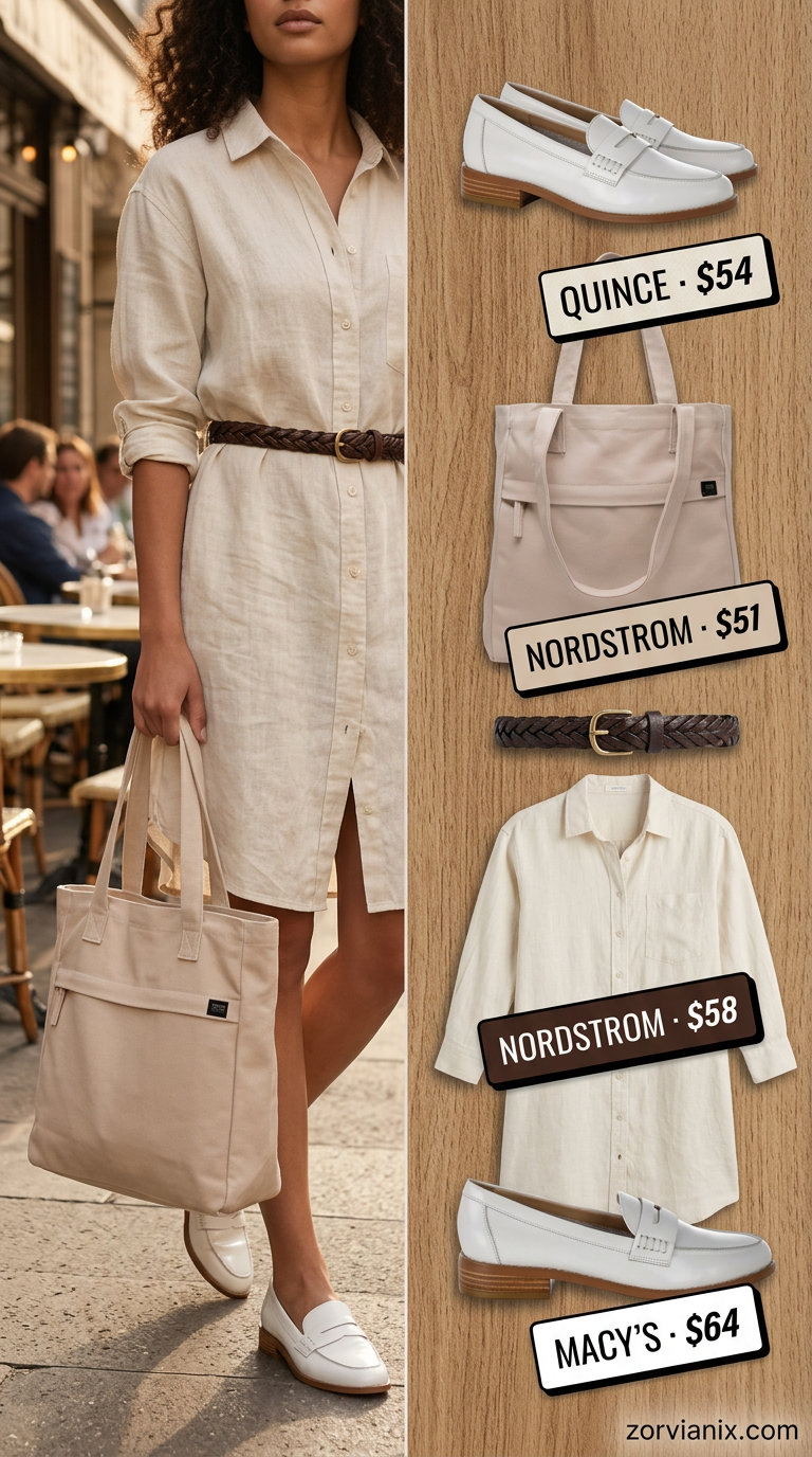 Beige linen shirt dress with brown leather belt, white loafers, and canvas tote. Summer belted dress for women 2026.
