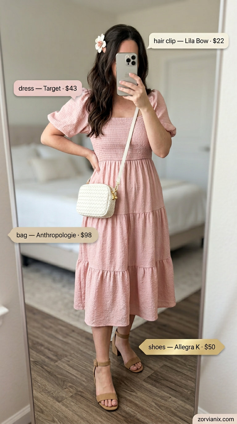 Blush pink tiered midi dress with smocked bodice, tan crossbody bag, and ivory block heels. Summer belted dress for women 2026.